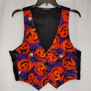 Vintage Women's Halloween Vest Size XL Jack-O-Lantern Bats Orange Purple